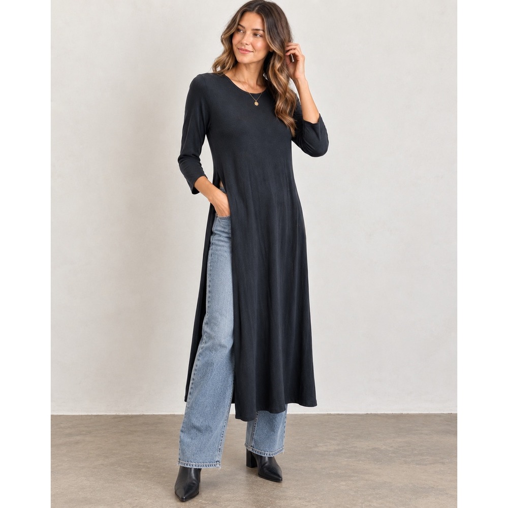 J. Jill Wearever Black Knit High Slit Maxi Tunic Top Size Small Minimalist